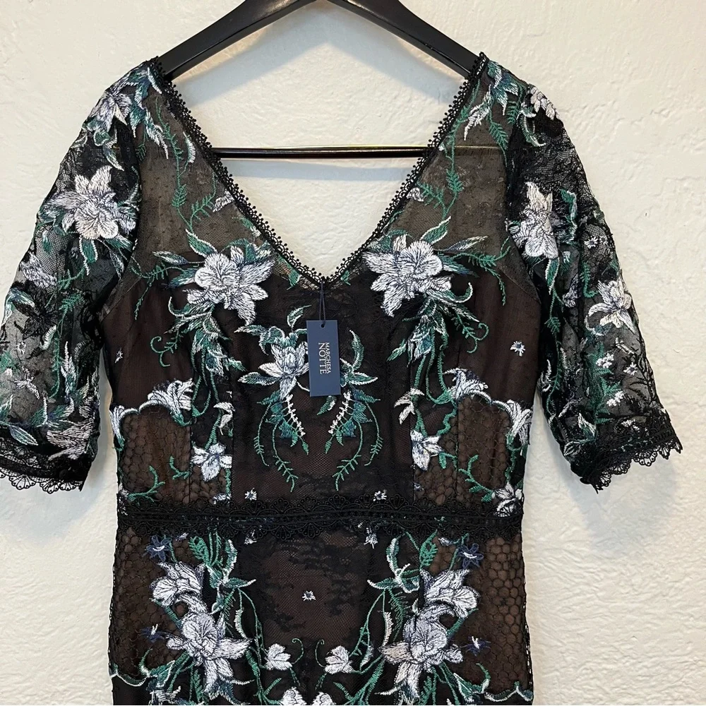Marchesa Notte Black Floral Lace Embroidered Midi Dress 8 - Picture 8 of 13